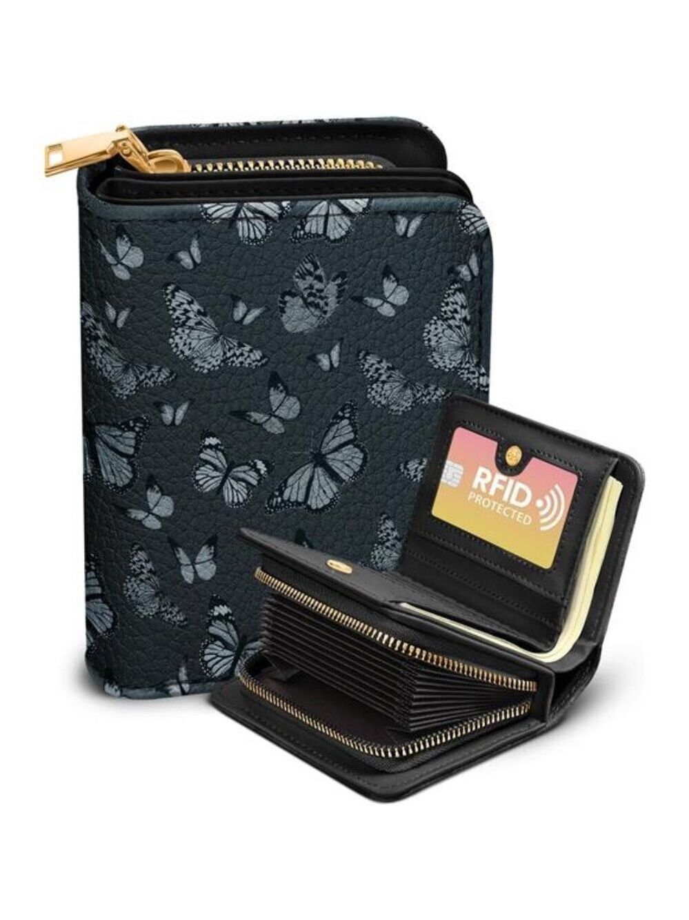 RFID Leather Card Holder Wallet for Women Small Zipper ID Coin Purse Butterfly